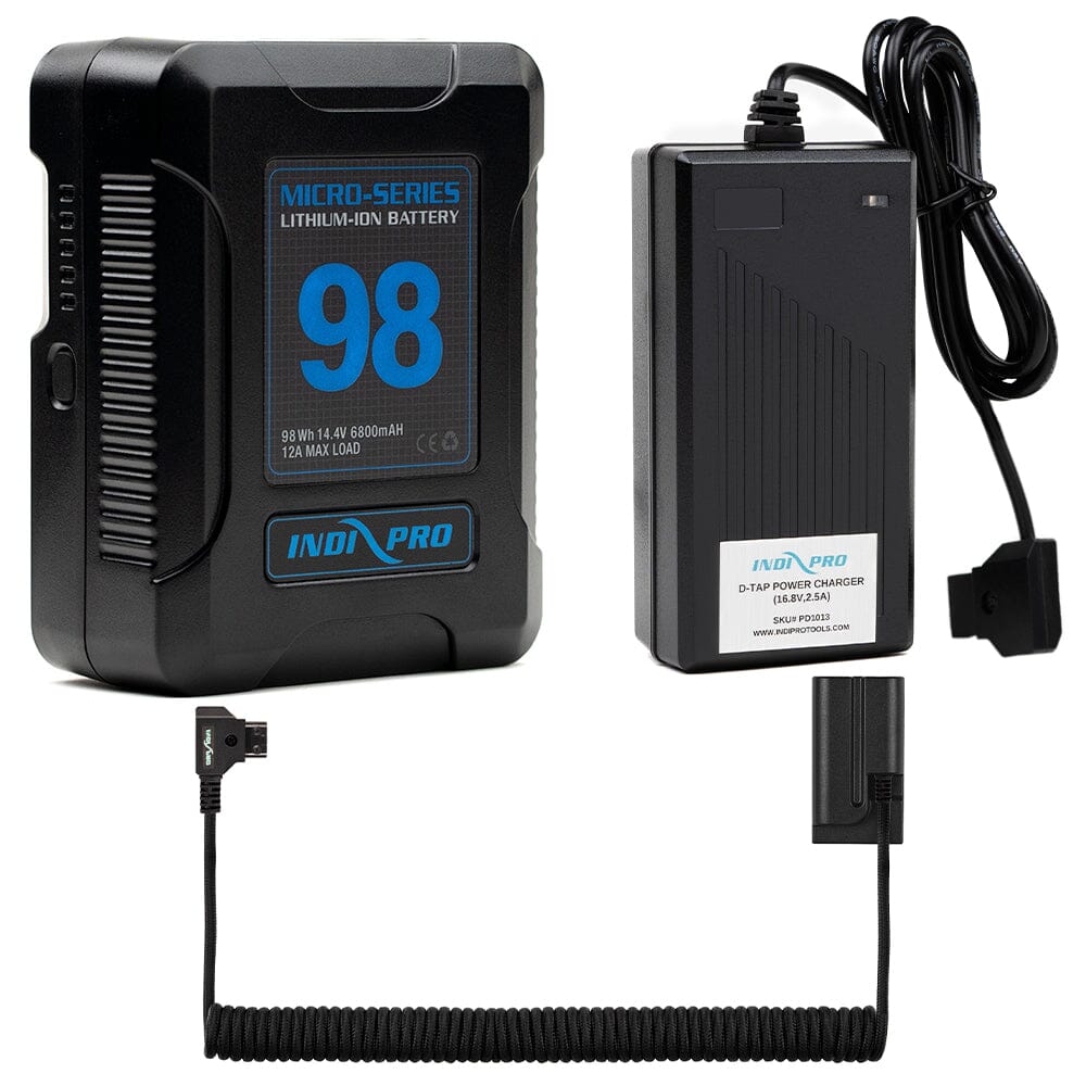 Indipro Micro Series 98Wh V-Mount Battery, Charger & Braided Coiled D-Tap to Sony NP-F Battery Bundle Battery Bundle Indipro
