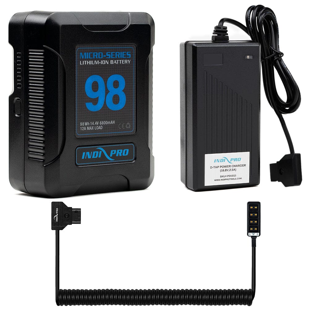 Indipro Micro Series 98Wh V-Mount Battery, Charger & Coiled 4-Way D-Tap Splitter Bundle Battery Bundle Indipro