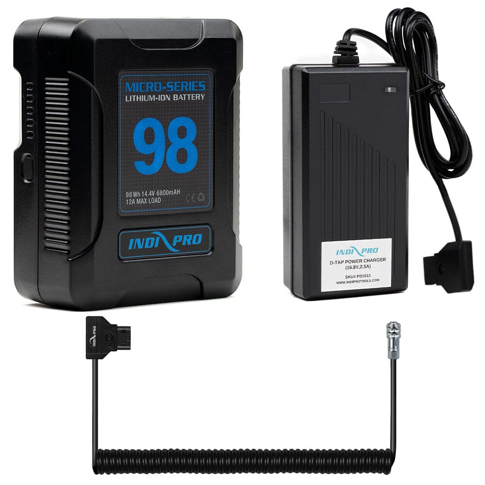 Indipro Micro Series 98Wh V-Mount Battery, Charger & Coiled D-Tap for BMPCC 4K/6K Bundle Battery Bundle Indipro