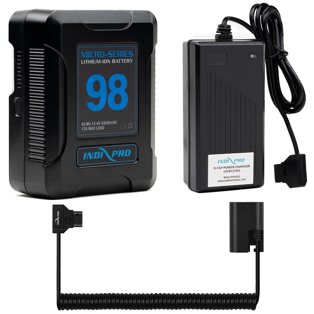 Indipro Micro Series 98Wh V-Mount Battery, Charger & Coiled D-Tap to Canon LP-E6 Battery Bundle Battery Bundle Indipro