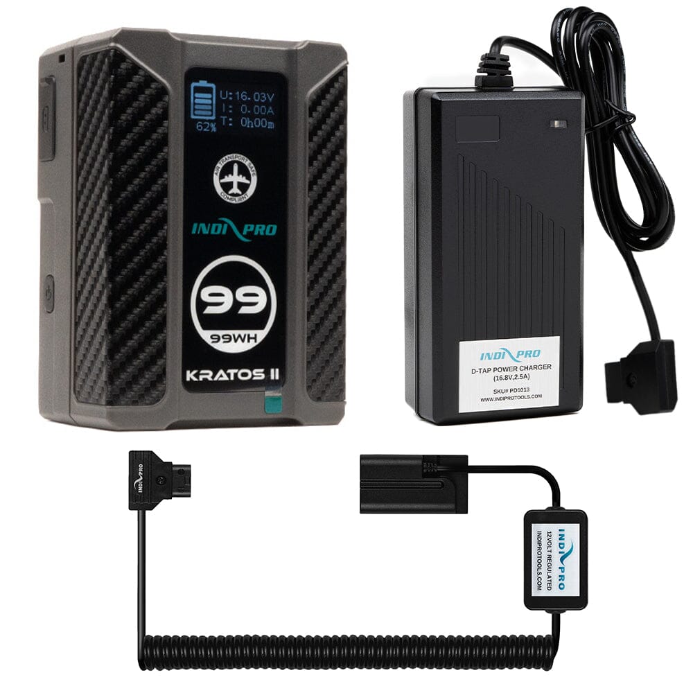 Indipro Micro Series 98Wh V-Mount Battery, Charger & Coiled D-Tap to Sony NP-F Battery Bundle Battery Bundle Indipro