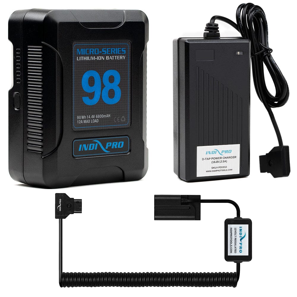 Indipro Micro Series 98Wh V-Mount Battery, Charger & Coiled D-Tap to Sony NP-F Battery Bundle Battery Bundle Indipro