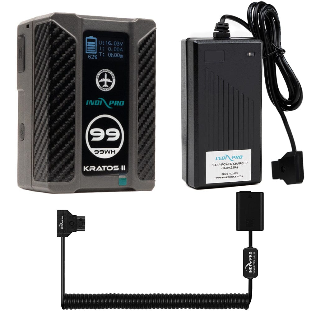 Indipro Micro Series 98Wh V-Mount Battery, Charger & Coiled D-Tap to Sony NP-FW50 Battery Bundle Battery Bundle Indipro