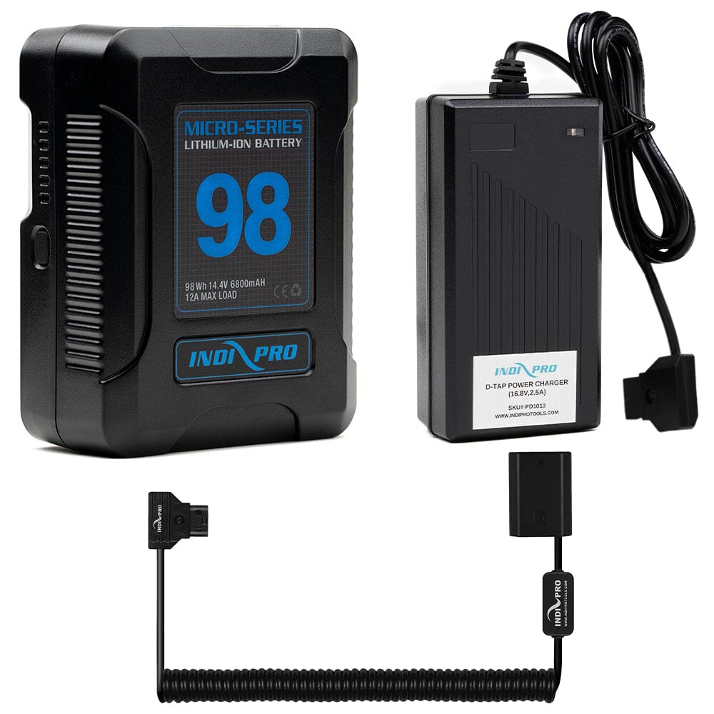Indipro Micro Series 98Wh V-Mount Battery, Charger & Coiled D-Tap to Sony NP-FZ100 Battery Bundle Battery Bundle Indipro