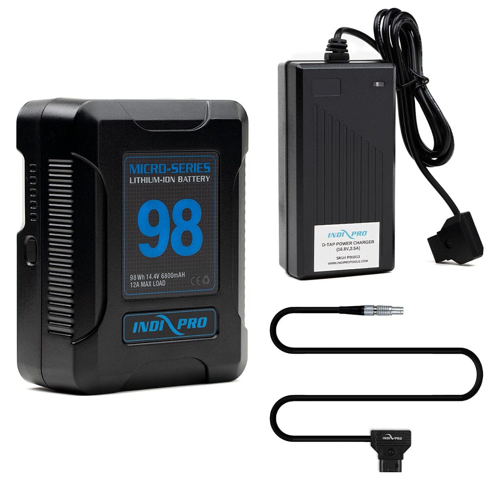Indipro Micro Series 98Wh V-Mount Battery, Charger & D-Tap to 2-Pin Lemo Bundle Battery Bundle Indipro