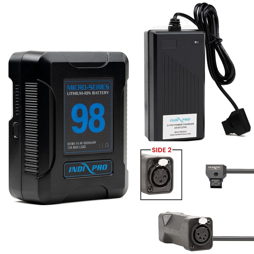 Indipro Micro Series 98Wh V-Mount Battery, Charger & D-Tap to 4-Pin & 3-Pin Female XLR Connectors Bundle Battery Bundle Indipro