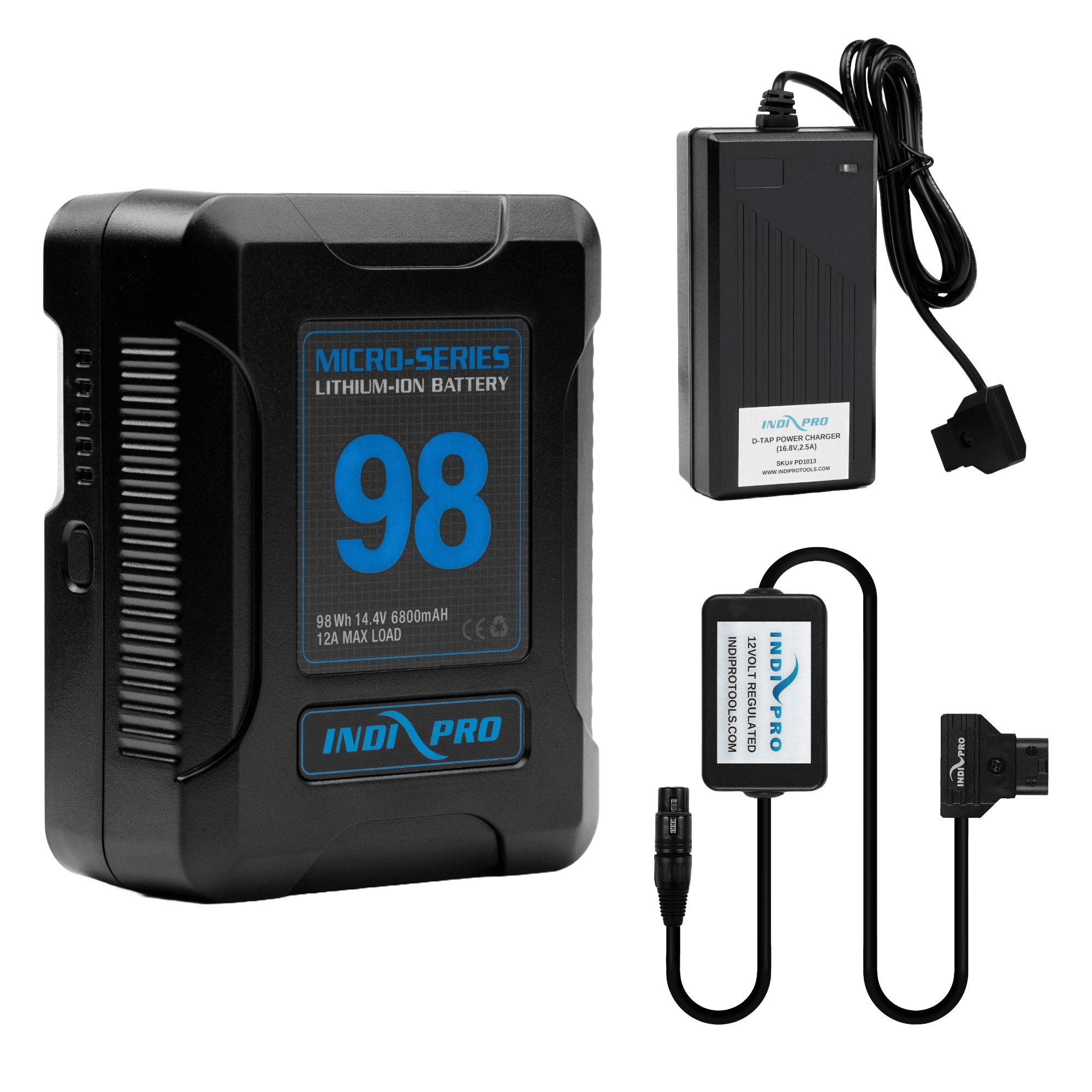 Indipro Micro Series 98Wh V-Mount Battery, Charger & D-Tap to 4-Pin XLR Connector (12V Regulated) Bundle Battery Bundle Indipro