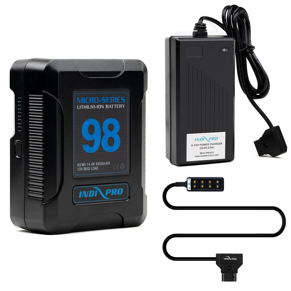 Indipro Micro Series 98Wh V-Mount Battery, Charger & D-Tap to 4-Way D-Tap Splitter Bundle Battery Bundle Indipro