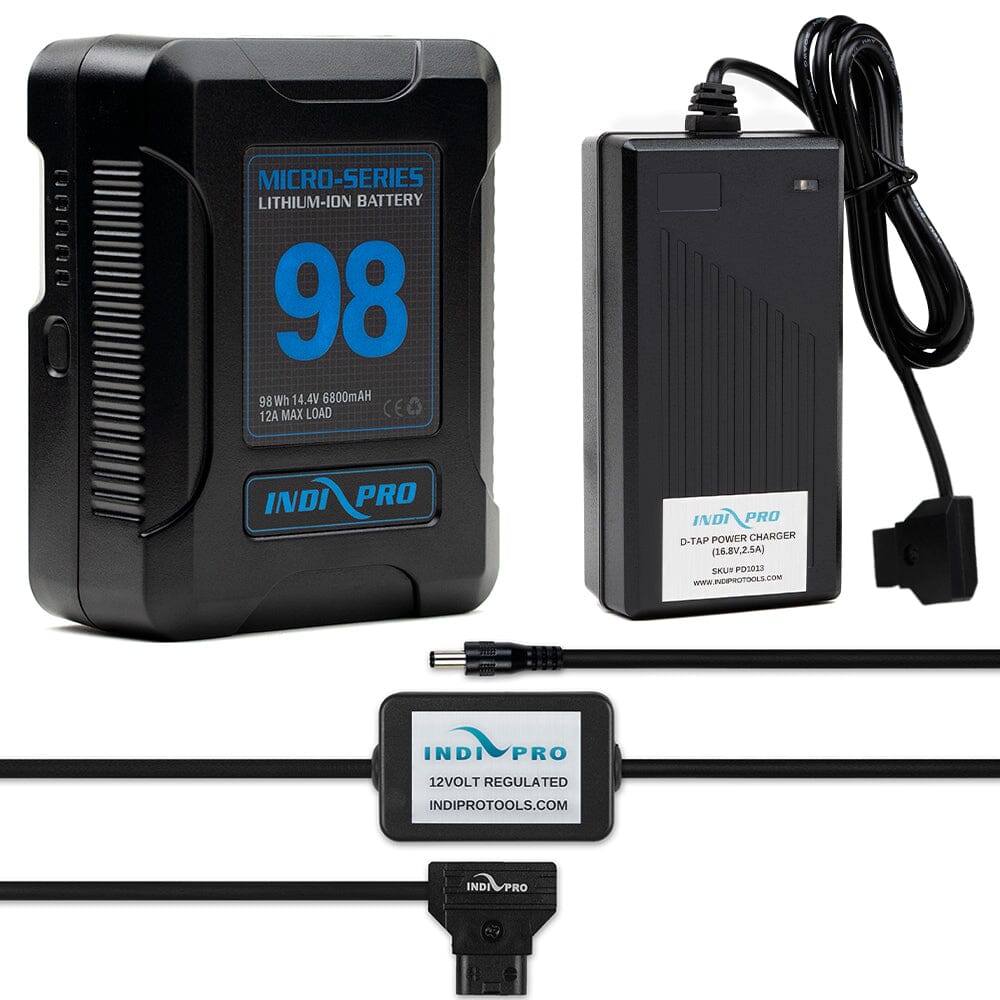Indipro Micro Series 98Wh V-Mount Battery, Charger & D-Tap to Blackmagic Cinema Camera Plug Bundle Battery Bundle Indipro