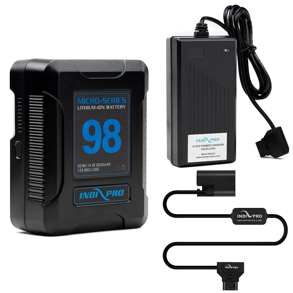 Indipro Micro Series 98Wh V-Mount Battery, Charger & D-Tap to Canon LP-E6 Battery Bundle Battery Bundle Indipro