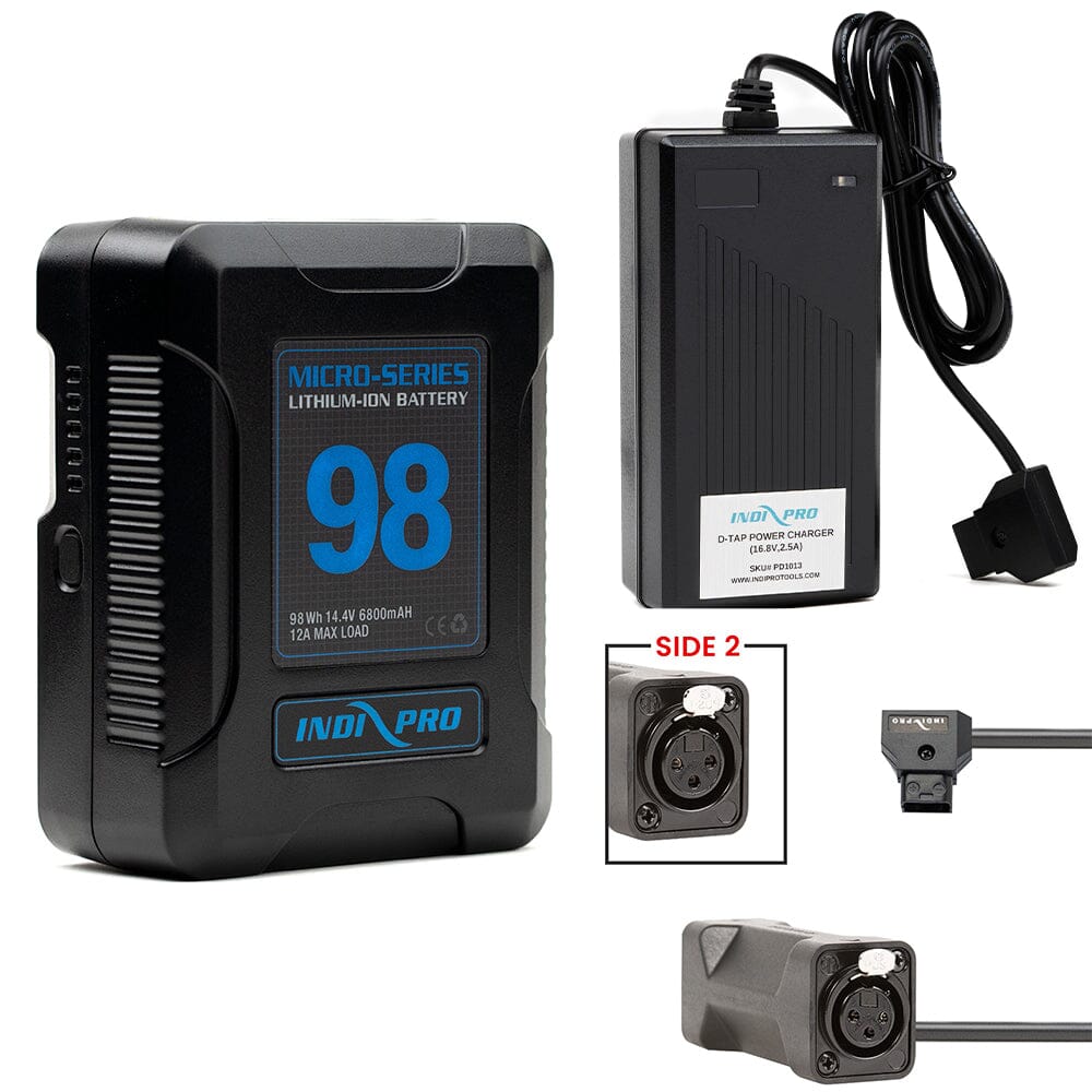Indipro Micro Series 98Wh V-Mount Battery, Charger & D-Tap to Dual 3-Pin Female XLR Connectors Bundle Battery Bundle Indipro