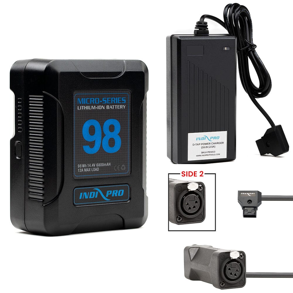 Indipro Micro Series 98Wh V-Mount Battery, Charger & D-Tap to Dual 4-Pin Female XLR Connectors Bundle Battery Bundle Indipro