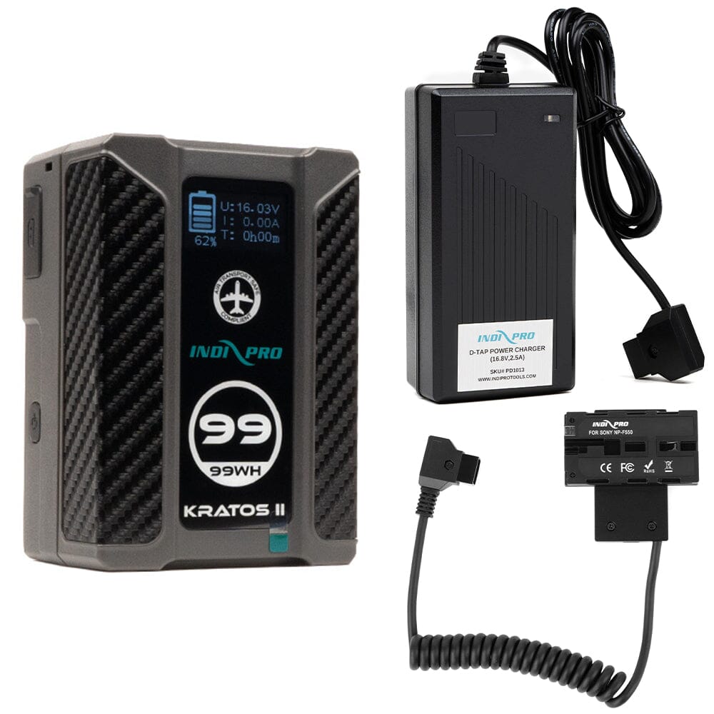 Indipro Micro Series 98Wh V-Mount Battery, Charger & D-Tap to Dual-Sided NP-F Battery Bundle Battery Bundle Indipro