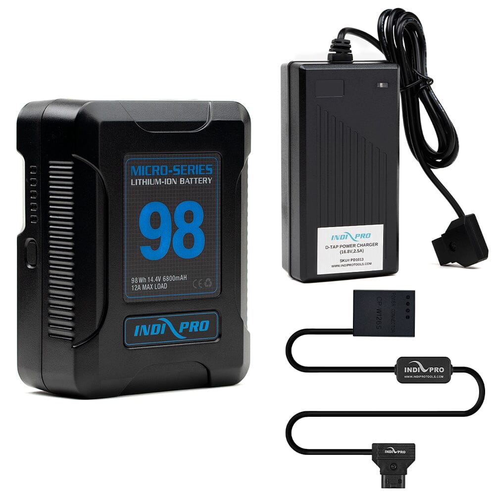 Indipro Micro Series 98Wh V-Mount Battery, Charger & D-Tap to Fujifilm NP-W126S Battery Bundle Battery Bundle Indipro