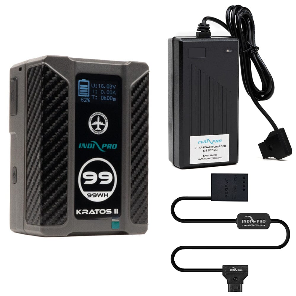 Indipro Micro Series 98Wh V-Mount Battery, Charger & D-Tap to Fujifilm NP-W126S Battery Bundle Battery Bundle Indipro