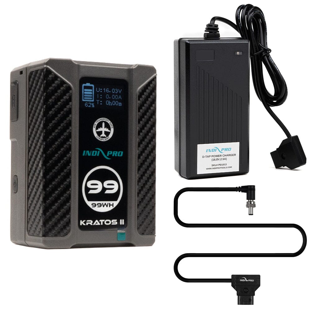 Indipro Micro Series 98Wh V-Mount Battery, Charger & D-Tap to Locking 2.1mm Bundle Battery Bundle Indipro