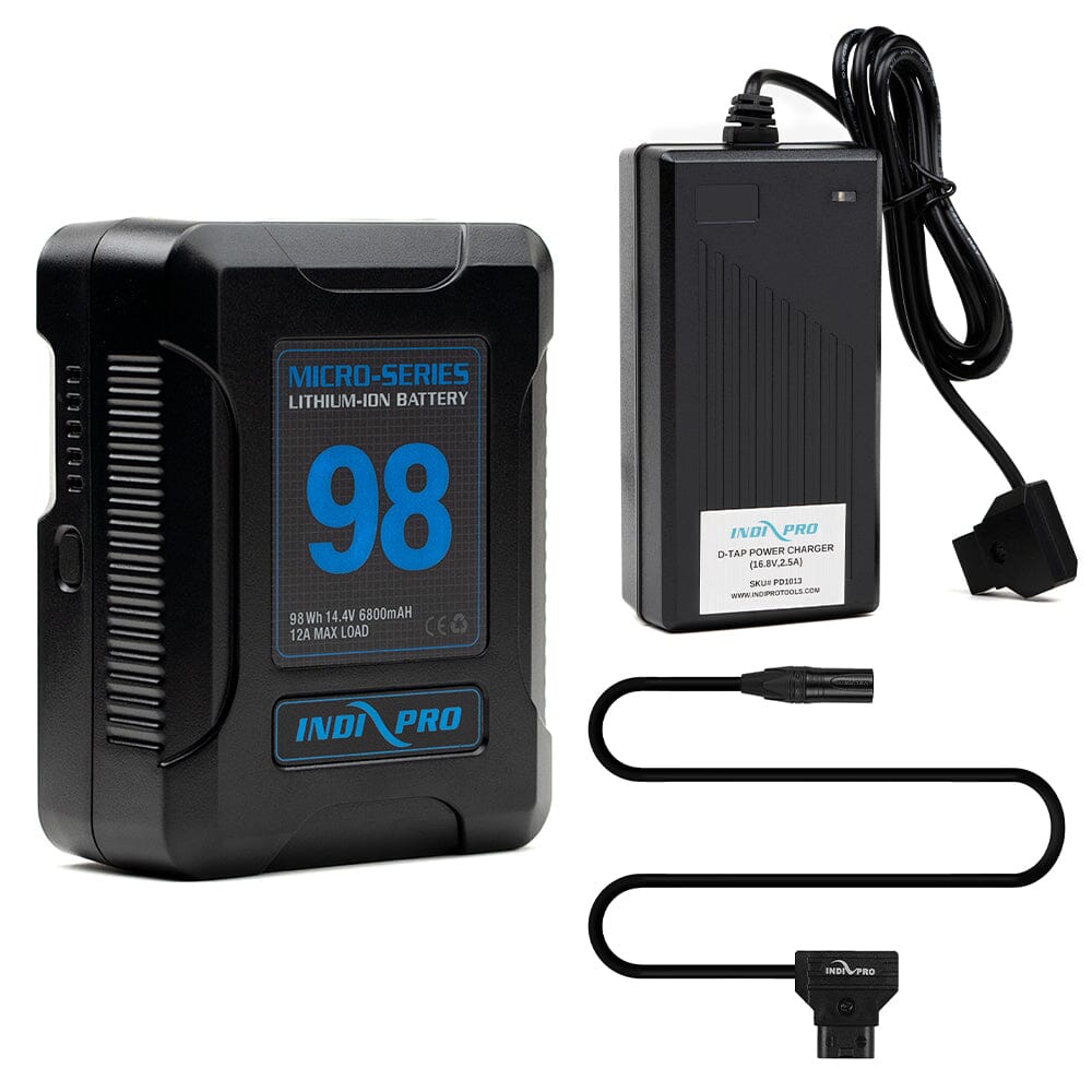 Indipro Micro Series 98Wh V-Mount Battery, Charger & D-Tap to Male 4-Pin XLR Bundle Battery Bundle Indipro