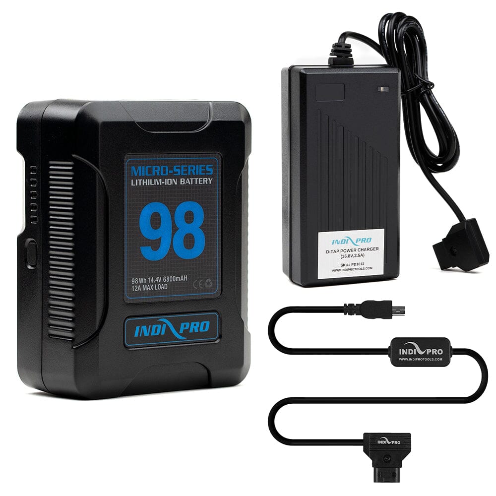 Indipro Micro Series 98Wh V-Mount Battery, Charger & D-Tap to Mini USB Connector Bundle Battery Bundle Indipro