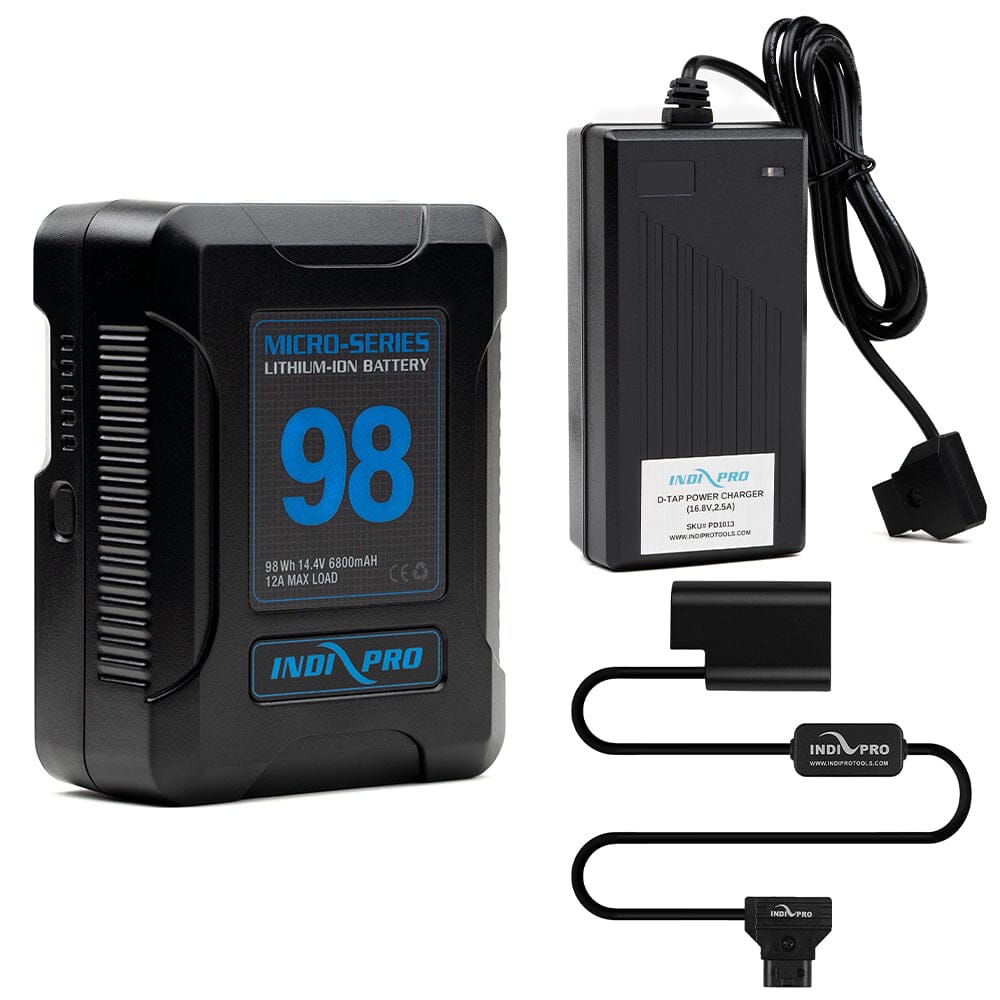 Indipro Micro Series 98Wh V-Mount Battery, Charger & D-Tap to Panasonic DMW-BLF19 Battery Bundle Battery Bundle Indipro