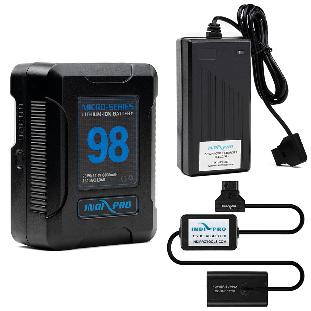 Indipro Micro Series 98Wh V-Mount Battery, Charger & D-Tap to Panasonic VW-VBD58 Battery Bundle Battery Bundle Indipro