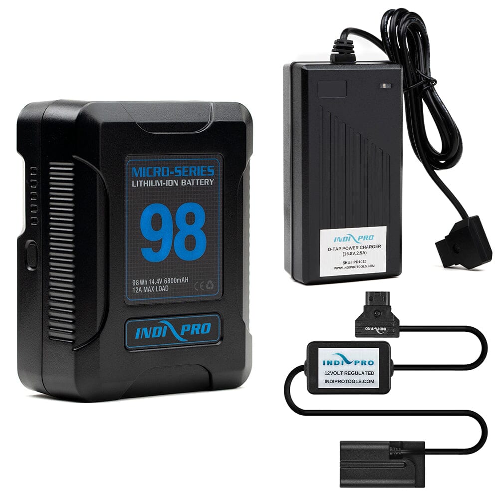 Indipro Micro Series 98Wh V-Mount Battery, Charger & D-Tap to Sony NP-F Battery Bundle Battery Bundle Indipro
