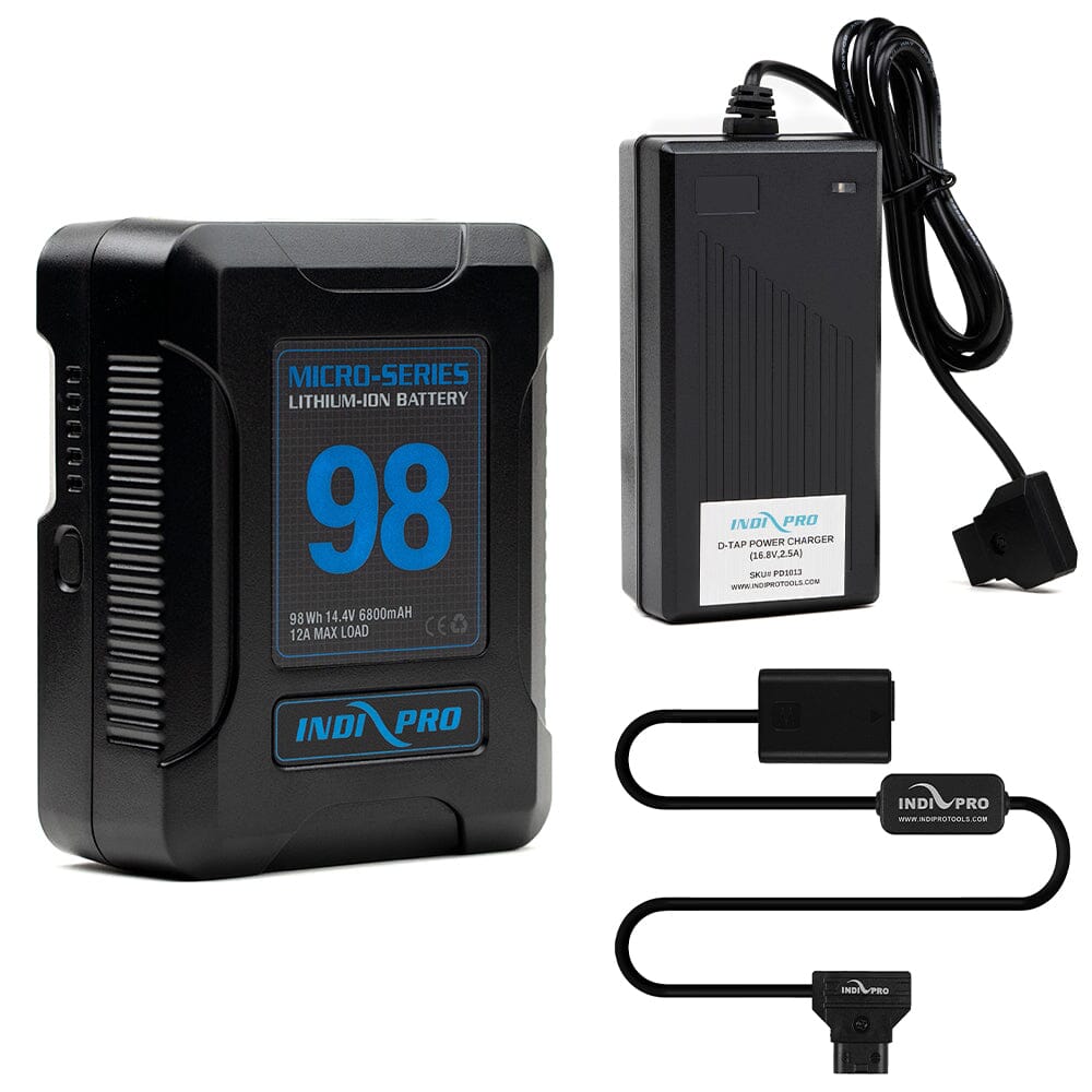 Indipro Micro Series 98Wh V-Mount Battery, Charger & D-Tap to Sony NP-FW50 Battery Bundle Battery Bundle Indipro