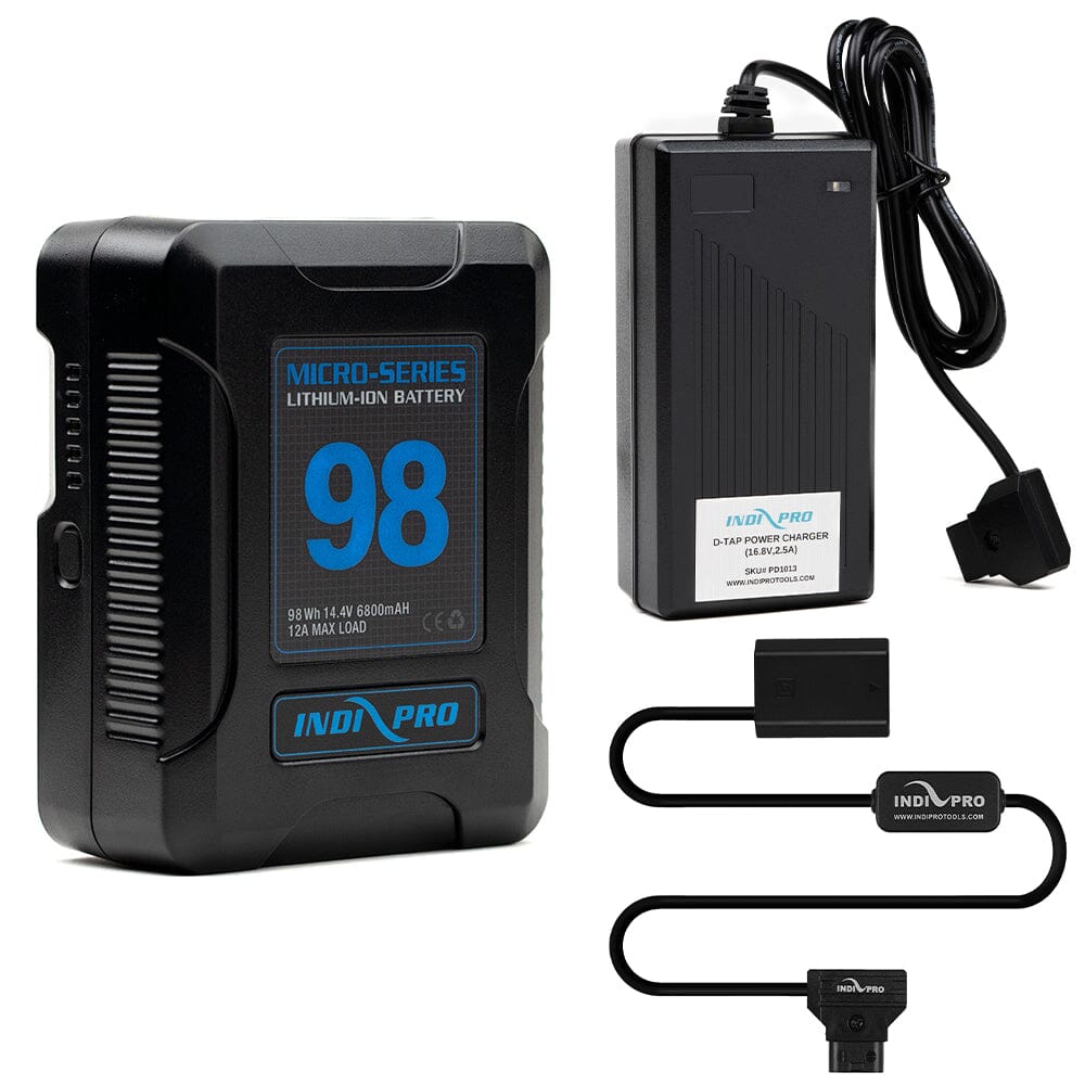 Indipro Micro Series 98Wh V-Mount Battery, Charger & D-Tap to Sony NP-FZ100 Battery Bundle Battery Bundle Indipro