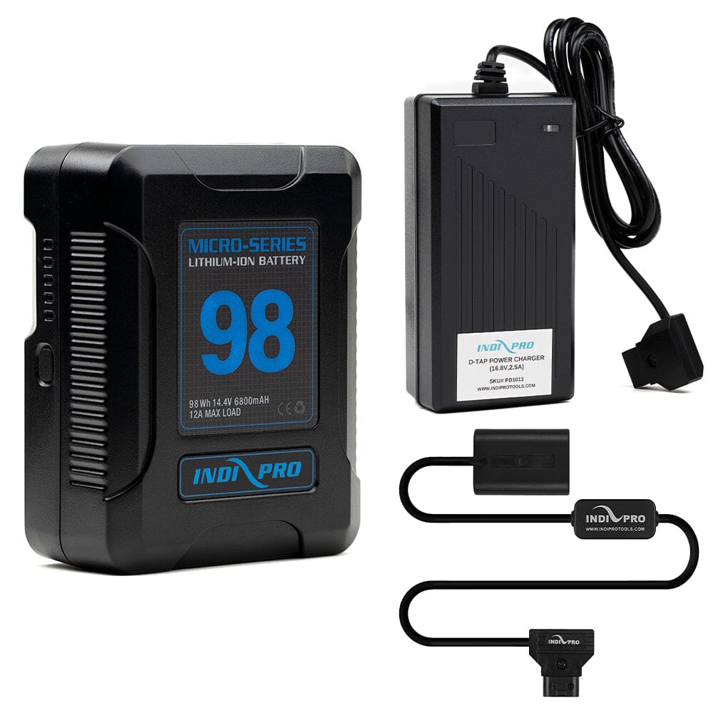 Indipro Micro Series 98Wh V-Mount Battery, Charger & D-Tap to Sony V-Series Battery Bundle Battery Bundle Indipro
