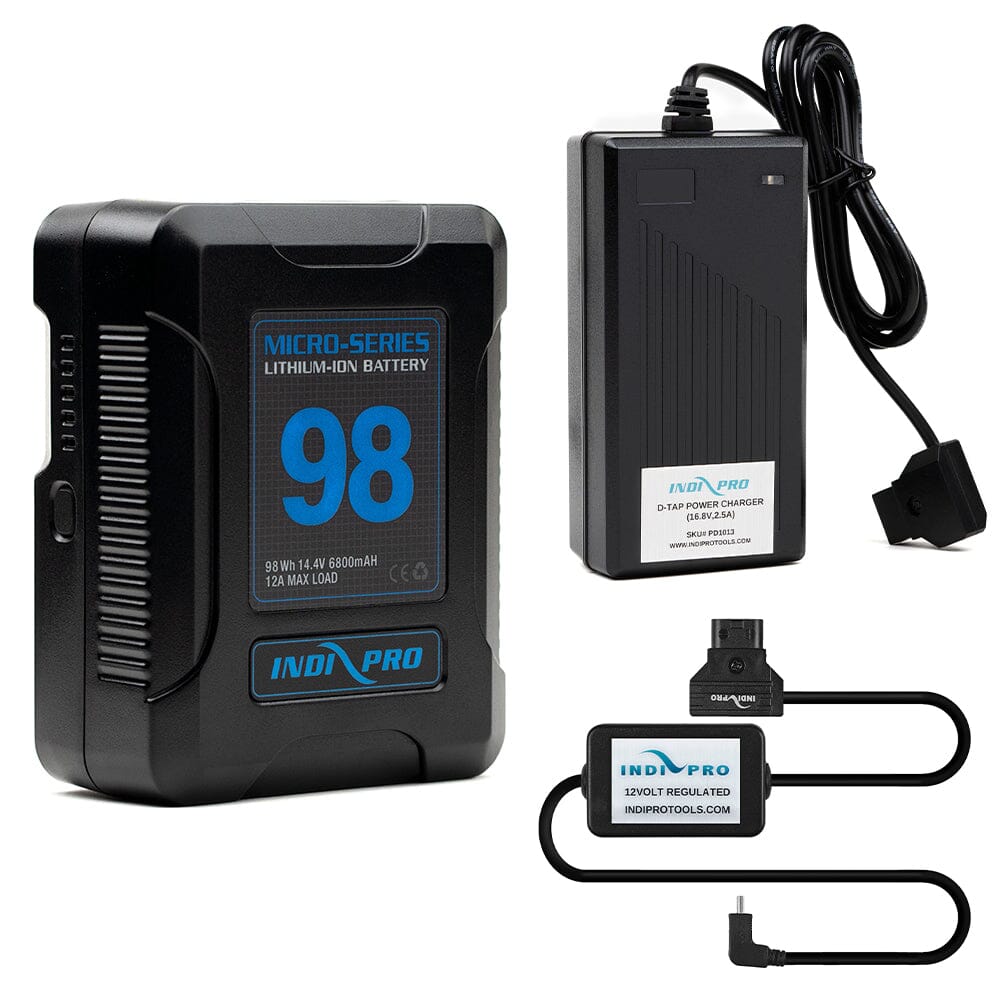Indipro Micro Series 98Wh V-Mount Battery, Charger & D-Tap to USB Type-C Connector (10') Bundle Battery Bundle Indipro
