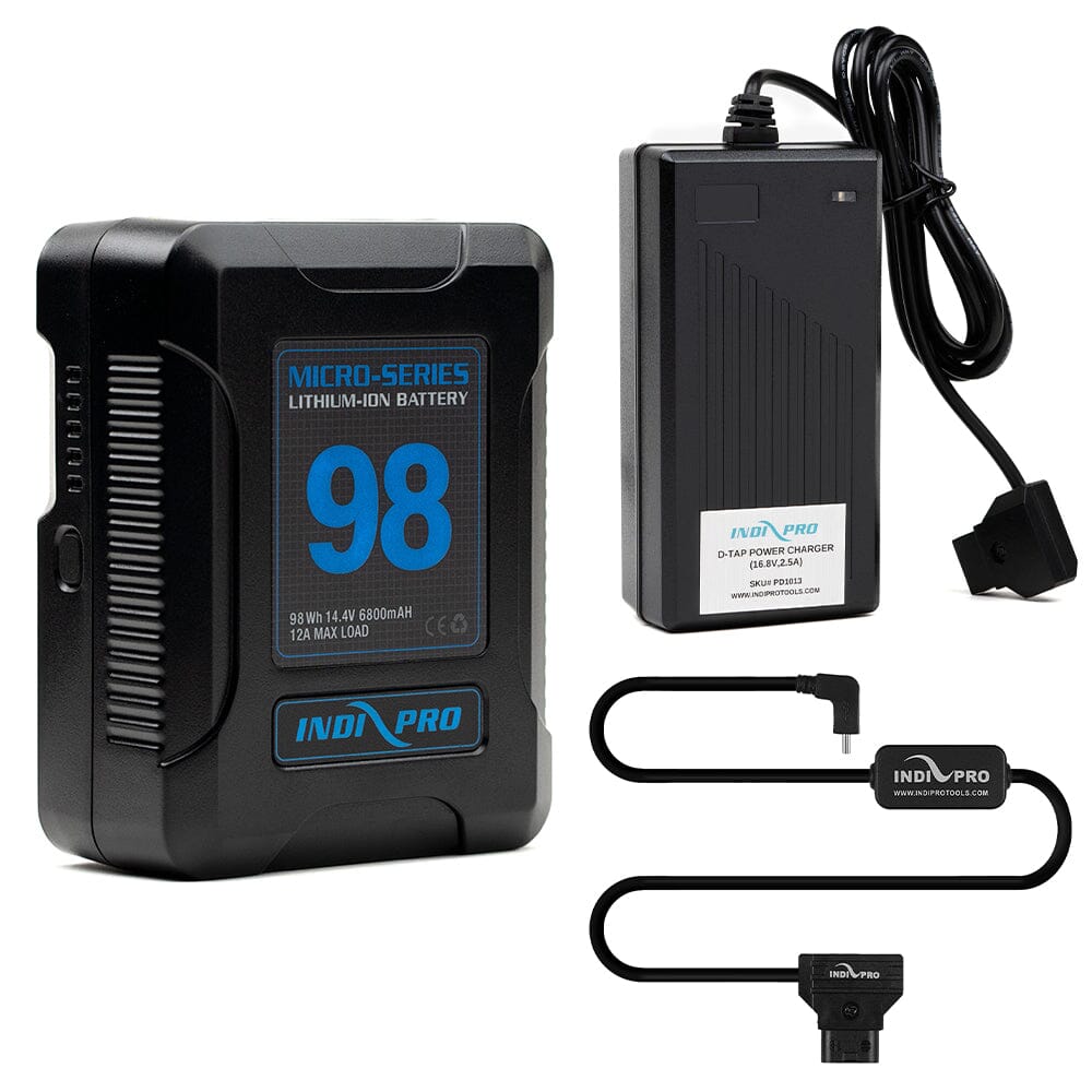 Indipro Micro Series 98Wh V-Mount Battery, Charger & D-Tap to USB Type-C Connector Bundle Battery Bundle Indipro