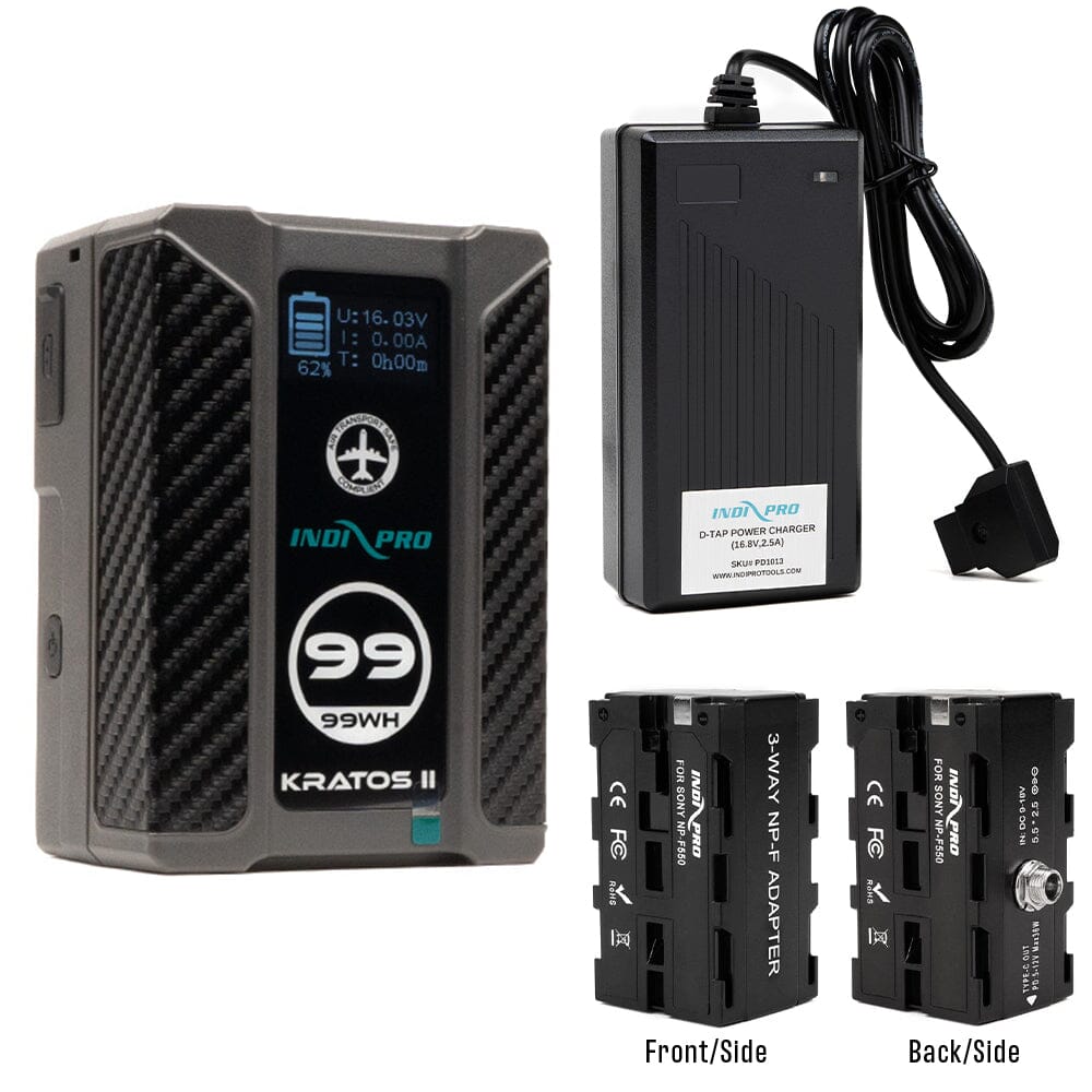 Indipro Micro Series 98Wh V-Mount Battery, Charger & Dual-Sided Sony NP-F Battery Bundle Battery Bundle Indipro