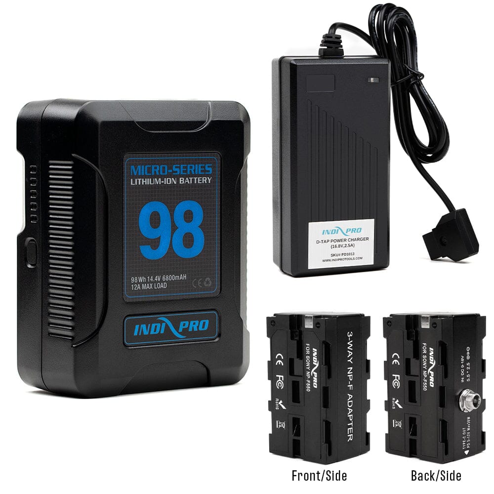 Indipro Micro Series 98Wh V-Mount Battery, Charger & Dual-Sided Sony NP-F Battery Bundle Battery Bundle Indipro