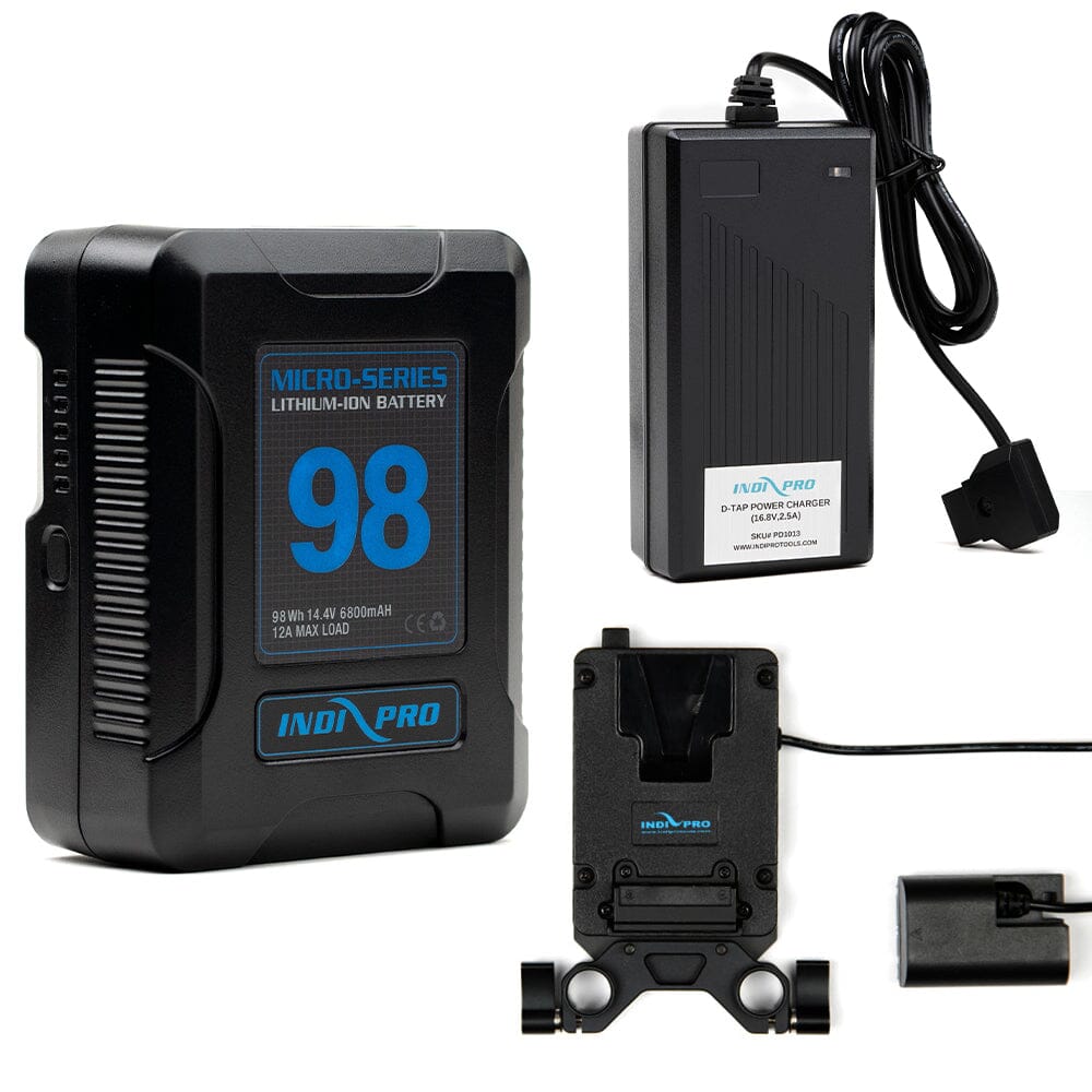 Indipro Micro Series 98Wh V-Mount Battery, Charger & Mini V-Mount Plate to Canon LP-E6 Battery Bundle Battery Bundle Indipro