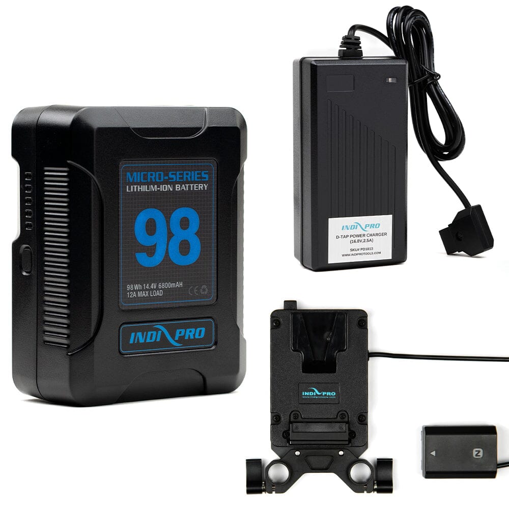 Indipro Micro Series 98Wh V-Mount Battery, Charger & Mini V-Mount Plate to Sony NP-FZ100 Battery Bundle Battery Bundle Indipro