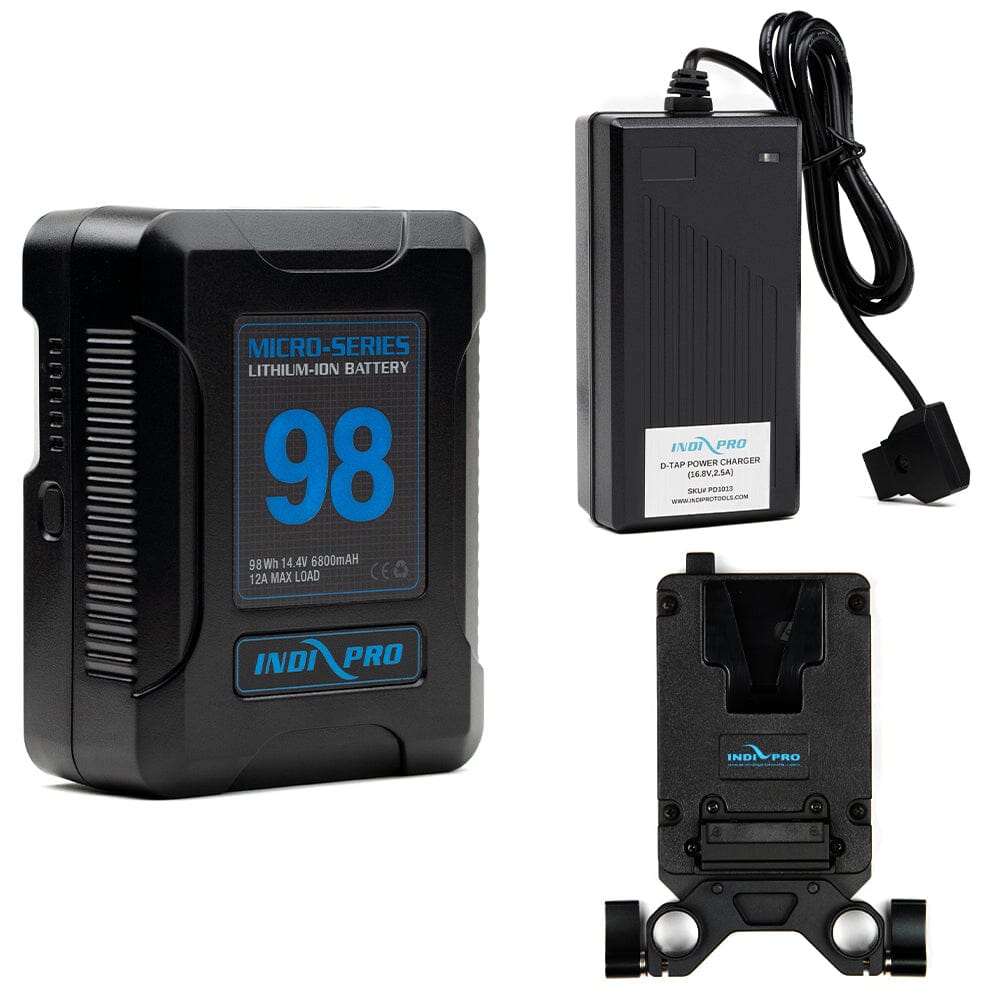 Indipro Micro Series 98Wh V-Mount Battery, Charger & Mini V-Mount Plate w/ 15mm Bundle Battery Bundle Indipro