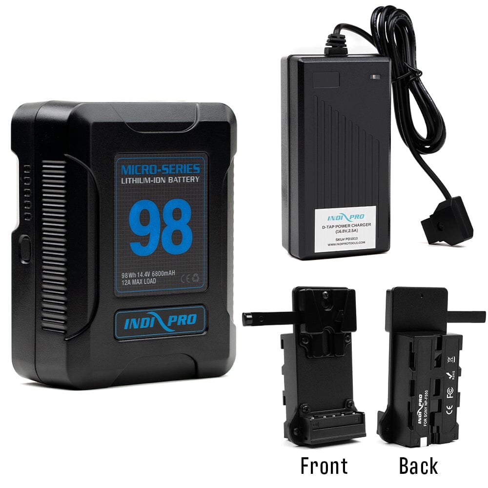 Indipro Micro Series 98Wh V-Mount Battery, Charger & Slim V-Mount to NP-F Battery Converter Bundle Battery Bundle Indipro