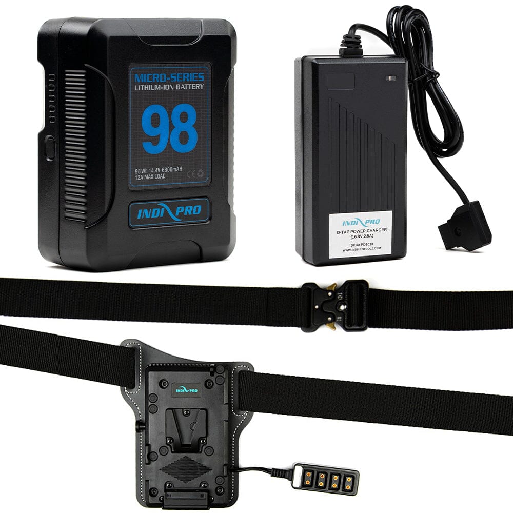 Indipro Micro Series 98Wh V-Mount Battery, Charger & Universal V-Mount Battery Belt Bundle Battery Bundle Indipro