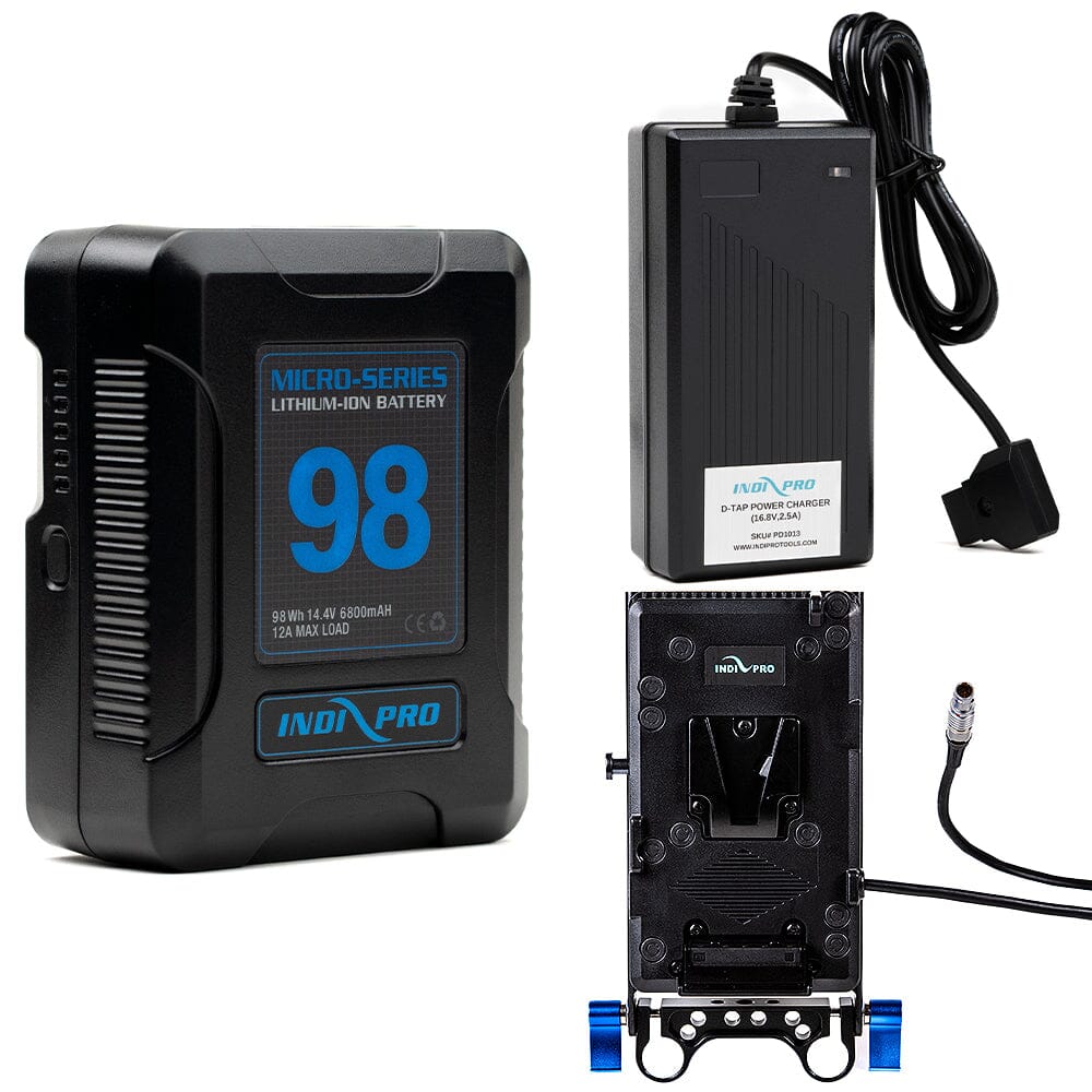 Indipro Micro Series 98Wh V-Mount Battery, Charger & V-Mount Plate for Blackmagic PYXIS Bundle Battery Bundle Indipro