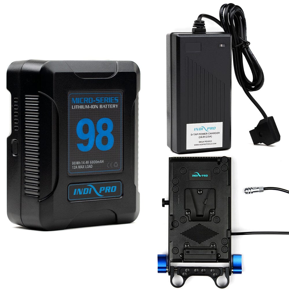 Indipro Micro Series 98Wh V-Mount Battery, Charger & V-Mount Plate for BMPCC 4K/6K (Coiled) Bundle Battery Bundle Indipro