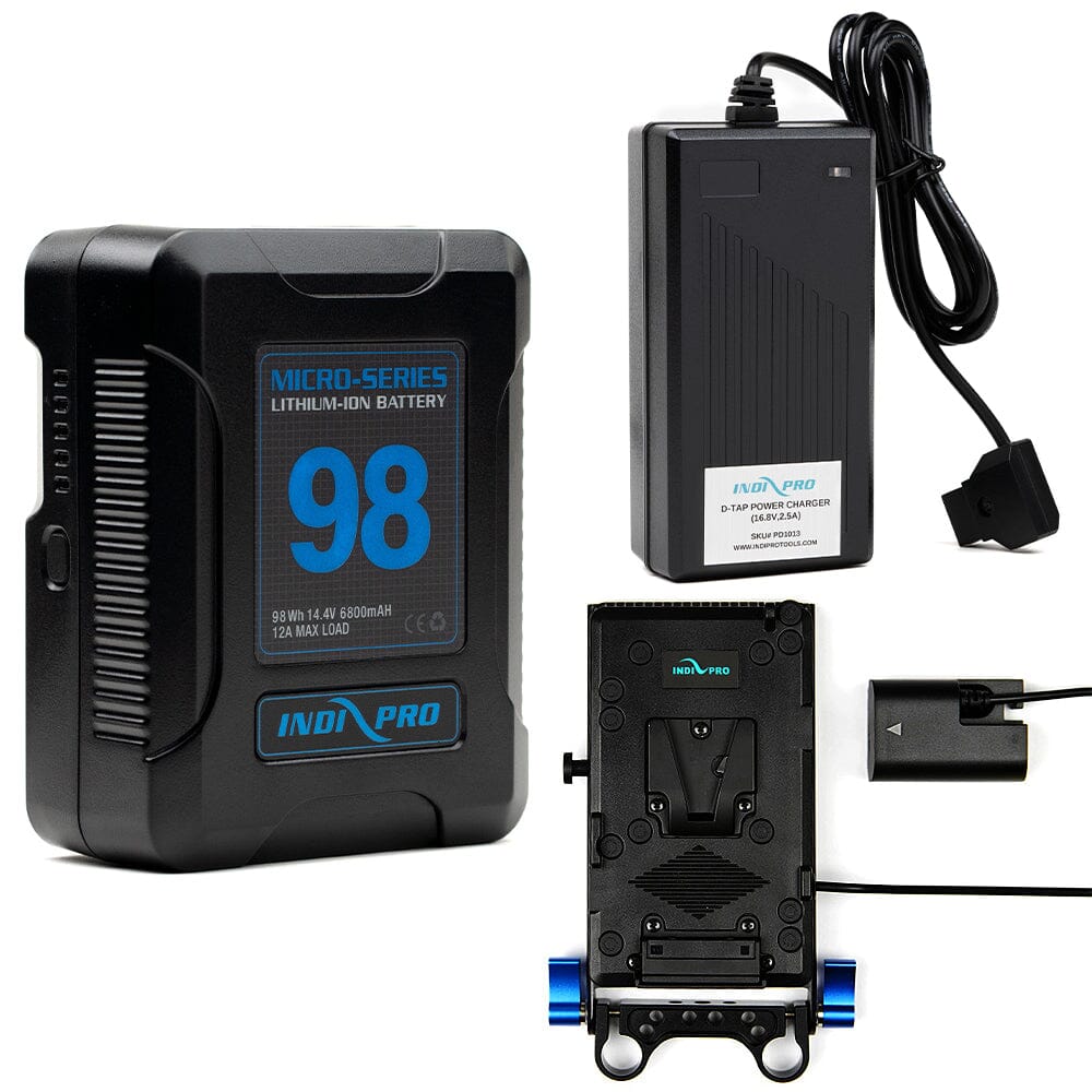 Indipro Micro Series 98Wh V-Mount Battery, Charger & V-Mount Plate to Canon LP-E6 Battery Bundle Battery Bundle Indipro