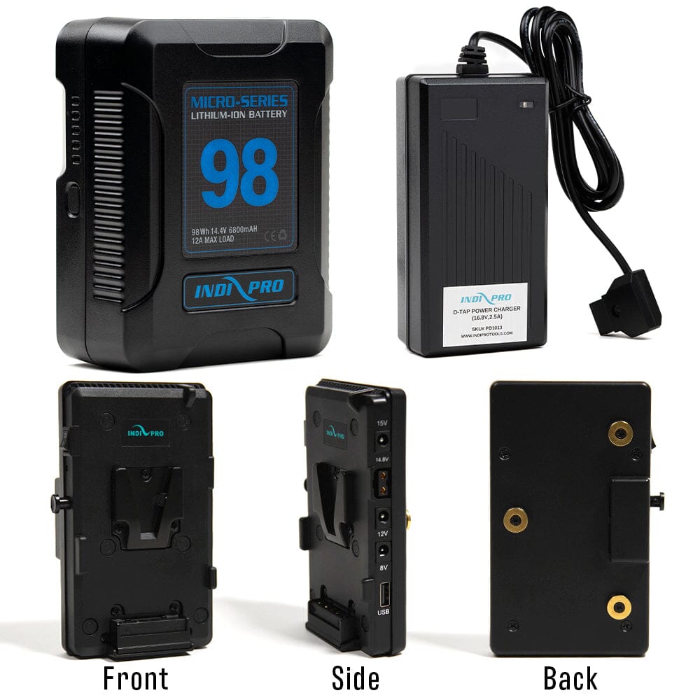 Indipro Micro Series 98Wh V-Mount Battery, Charger & V-Mount Plate to Gold Mount Adapter w/ Multi Outputs Bundle Indipro Tools