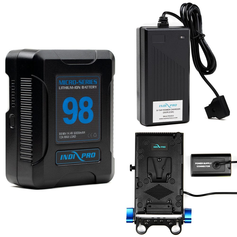 Indipro Micro Series 98Wh V-Mount Battery, Charger & V-Mount Plate to Panasonic VW-VBD58 Battery Bundle Battery Bundle Indipro