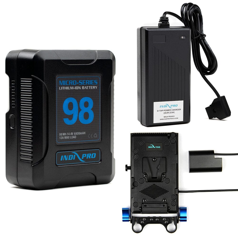Indipro Micro Series 98Wh V-Mount Battery, Charger & V-Mount Plate to Pansonic DMW-BLF19 Battery Bundle Battery Bundle Indipro
