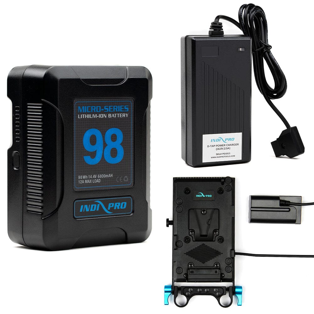 Indipro Micro Series 98Wh V-Mount Battery, Charger & V-Mount Plate to Sony NP-F Battery Bundle Battery Bundle Indipro