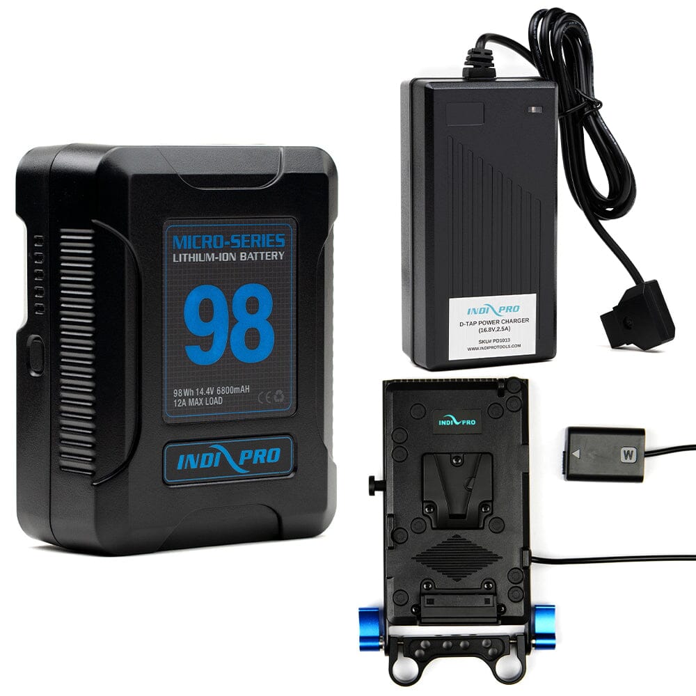 Indipro Micro Series 98Wh V-Mount Battery, Charger & V-Mount Plate to Sony NP-FW50 Battery Bundle Battery Bundle Indipro