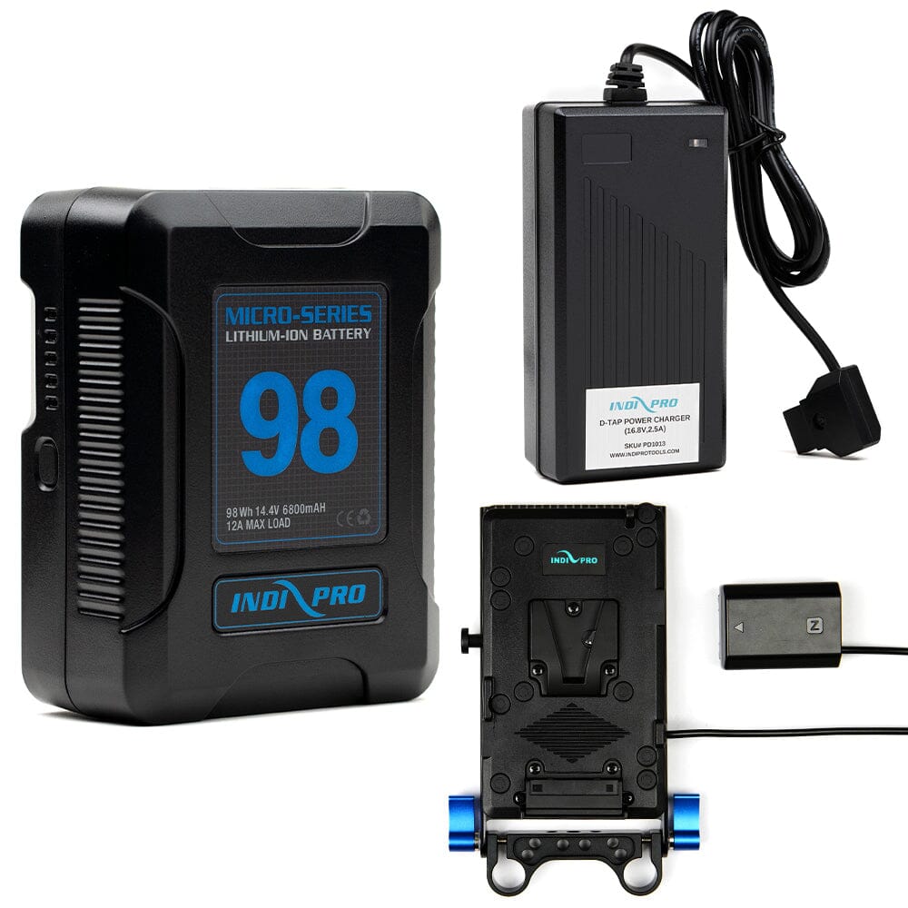 Indipro Micro Series 98Wh V-Mount Battery, Charger & V-Mount Plate to Sony NP-FZ100 Battery Bundle Battery Bundle Indipro