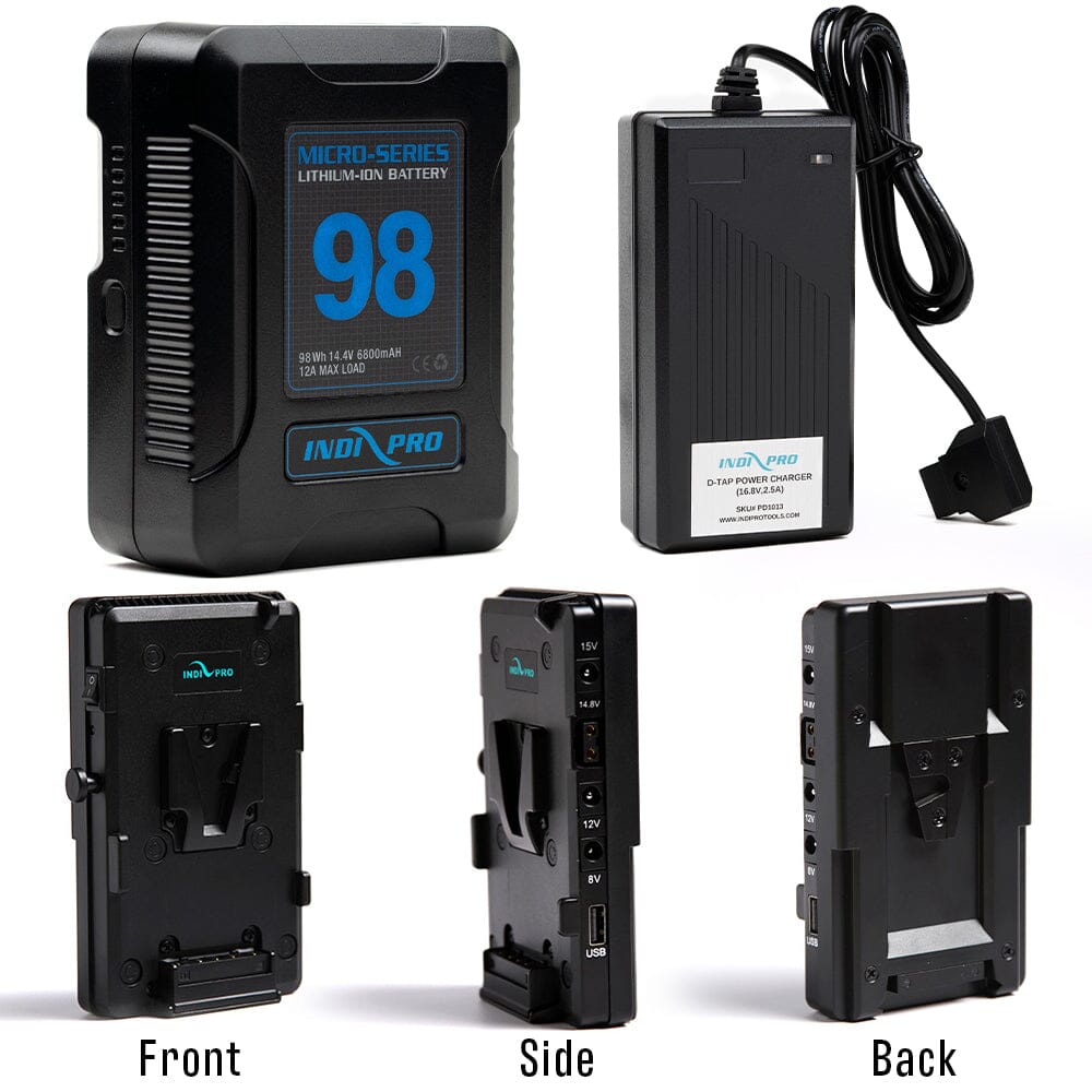 Indipro Micro Series 98Wh V-Mount Battery, Charger & V-Mount Plate to V-Mount Adapter w/ Multi Outputs Bundle Battery Bundle Indipro