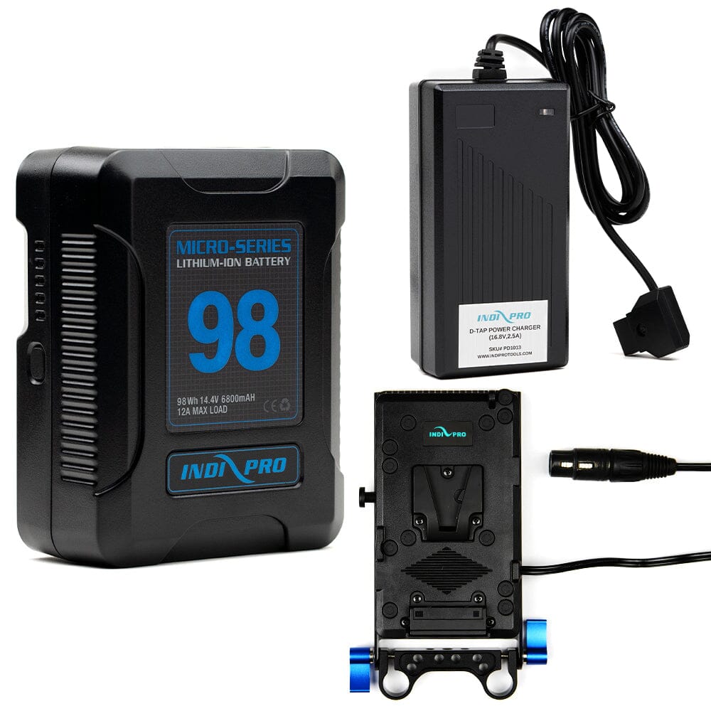 Indipro Micro Series 98Wh V-Mount Battery, Charger & V-Mount Plate with 4-Pin XLR Connector Bundle Battery Bundle Indipro