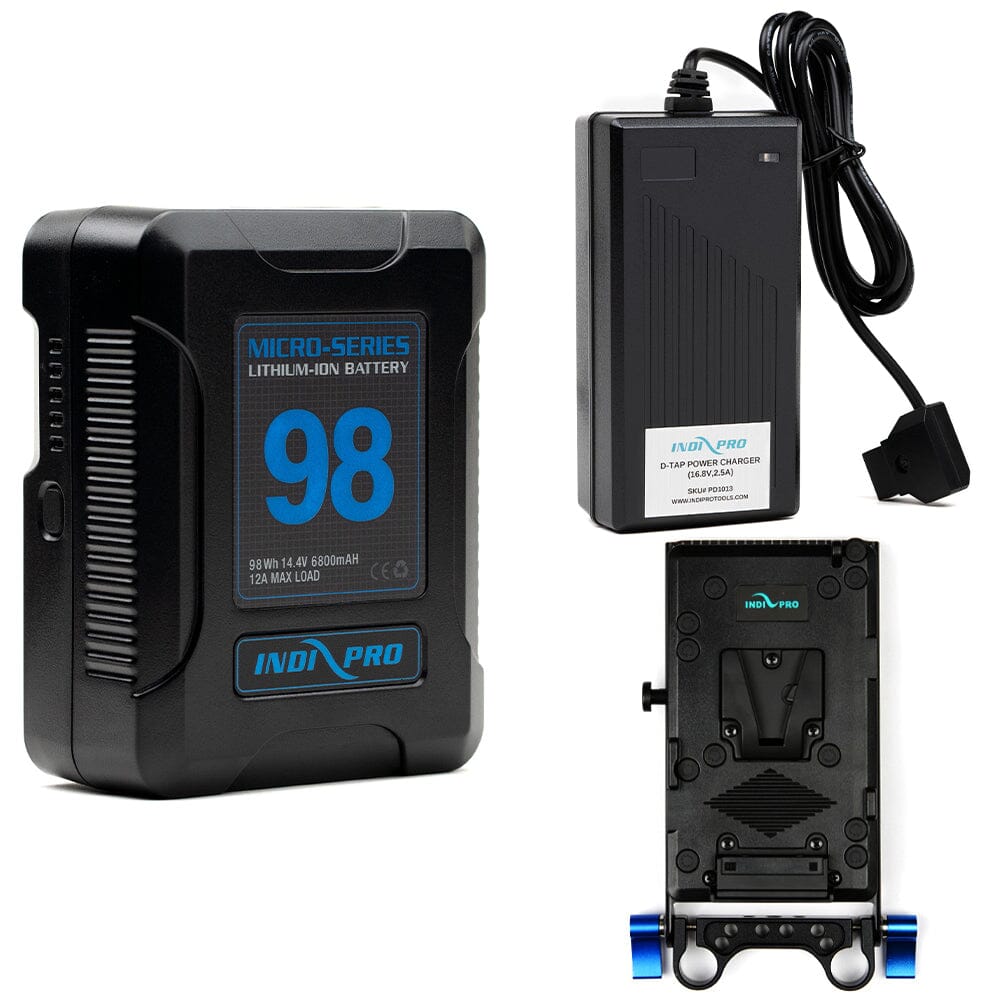 Indipro Micro Series 98Wh V-Mount Battery, Charger & V-Mount Plate with D-Tap Outputs Bundle Battery Bundle Indipro