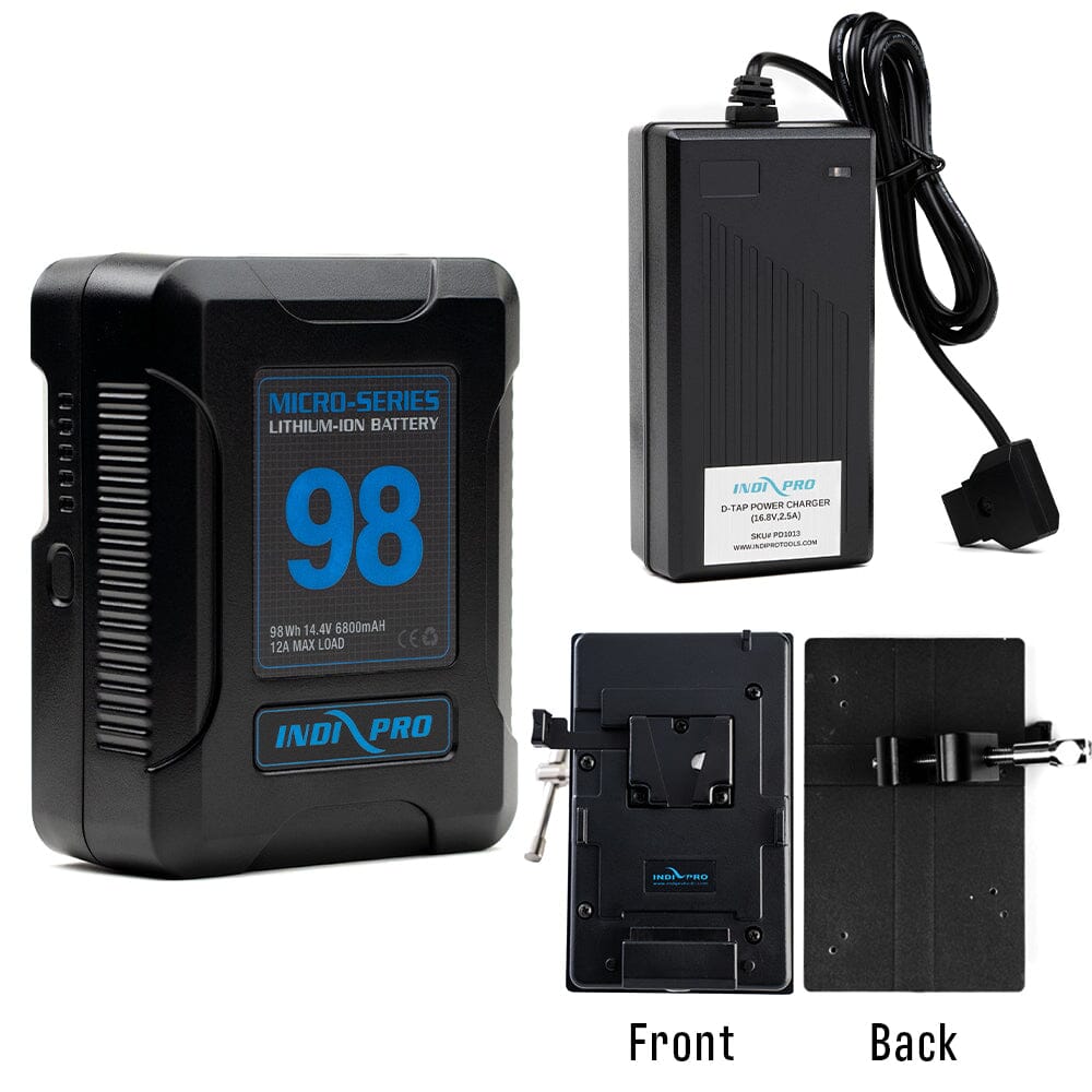 Indipro Micro Series 98Wh V-Mount Battery, Charger & V-Mount Plate with Mounting Clamp Bundle Battery Bundle Indipro